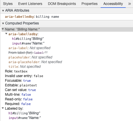 Ferramentas de Programação do Chrome exibindo o nome acessível da entrada do 